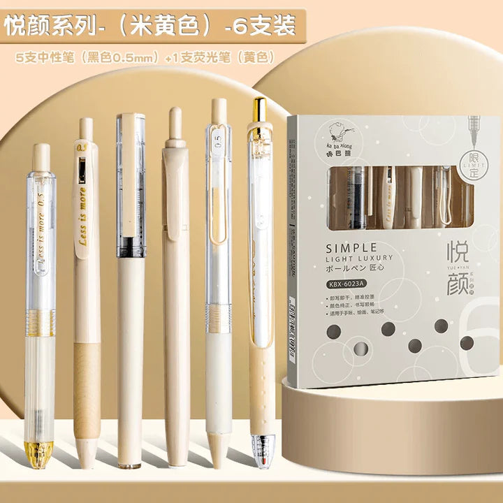 Aesthetic 6 in 1 Stationery Gel Pen Highlighter Set