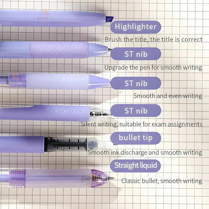 Aesthetic 6 in 1 Stationery Gel Pen Highlighter Set